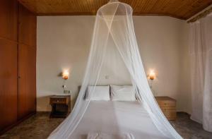 a bed with a mosquito net in a bedroom at Areti Studios in Paramonas