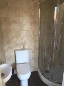 a bathroom with a toilet and a shower and a sink at Family Home in Ossett in Ossett