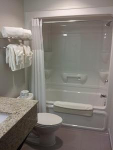a bathroom with a shower and a toilet and a tub at Midland Inn & Suites in Midland
