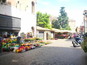 una strada con un mercato dei fiori in mostra di Hotel Aurora a Mestre