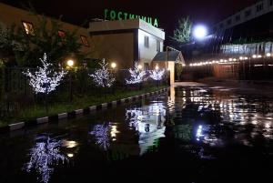 モスクワにあるKroshka Enot Mitinoのクリスマスライト付き濡れた夜の通り