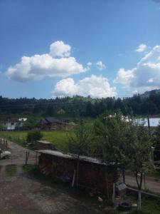 a view of a field with a building and a river at Zatushok pid goroyu in Verkhovyna