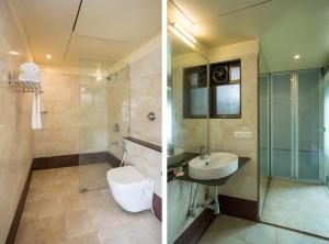 two pictures of a bathroom with a sink and a toilet at Corporate Stay in Pune