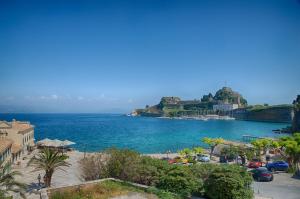 a view of a beach and the ocean at Serene Sea View Apartment in Corfu Old Town in Corfu
