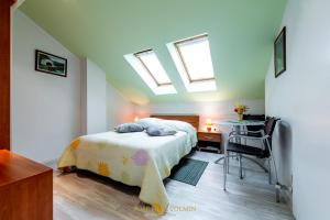 um quarto com uma cama, uma secretária e uma janela em Guesthouse Sobe Silva em Tolmin