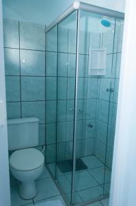 uma casa de banho com um WC e uma cabina de duche em vidro. em Hotel Serrador em Passo Fundo