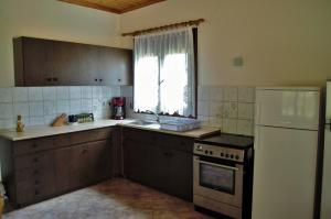 eine Küche mit einem Herd, einer Spüle und einem Kühlschrank in der Unterkunft Ktima Elia in Skala Sotiros
