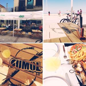a collage of photos of a table with food and drinks at Furabeach Alojamentos in Furadouro