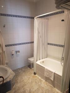 La salle de bains est pourvue d'une baignoire, de toilettes et d'un lavabo. dans l'établissement Pazo Vilabade, à Vilabade