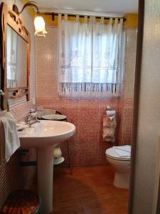 y baño con lavabo, aseo y cortina de ducha. en Casa Rural Bella Vista en Granadilla de Abona