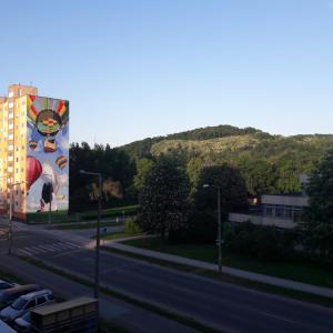 a large mural on the side of a building next to a road at Stúdió 18 Apartman in Kazincbarcika