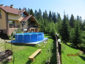 een huis met een blauwe hot tub in een tuin bij Yalivets in Oryavchyk