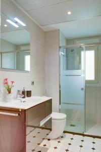 uma casa de banho com um WC e uma cabina de duche em vidro. em Apartamentos San Lázaro 2 em Saragoça