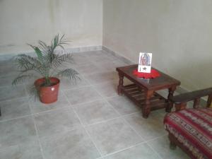 salon ze stołem i doniczką w obiekcie Residencial Guadalupe w mieście Termas de Río Hondo