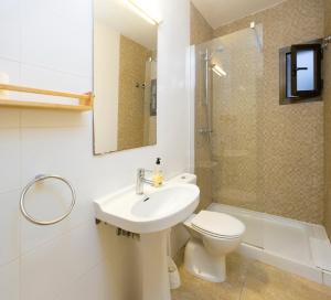 聖安東尼奧的住宿－麗塔公寓酒店，一间带水槽、卫生间和淋浴的浴室