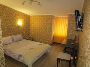 Dormitorio con cama, escritorio y TV en Salus, en Khmelʼnytsʼkyy