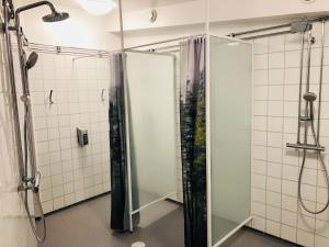 y baño con ducha y puerta de cristal. en Ivögården Mat & Vingård en Fjälkinge