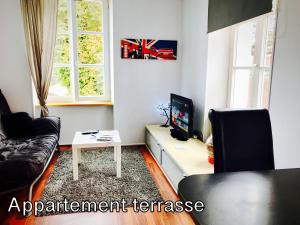 ein Wohnzimmer mit einem Sofa und einem TV in der Unterkunft Le Relais d Obernai in Obernai