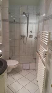 ein Bad mit einer Dusche, einem WC und einem Waschbecken in der Unterkunft Apartment Seaside in Westerland