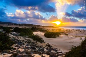 a sunset over the sand dunes on the beach at Hotel Corsaro Nero in Portu Maga