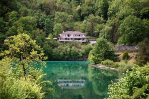 a house on a hill next to a lake at Penzion Šterk in Most na Soči