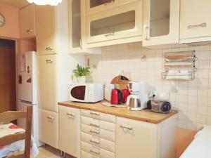 a kitchen with white cabinets and a counter with a microwave at Chez Violette in Destry