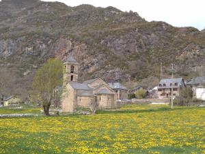 eine alte Kirche auf einem Feld gelber Blumen in der Unterkunft Casa Rural Hortal in Barruera