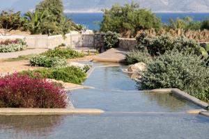 a pool of water in a garden with flowers at Portes Houses in Koufonisia