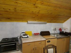 a small kitchen with wooden ceilings and a stove at Apartman Mika in Soko Banja