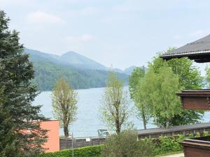 vistas a un lago con montañas en el fondo en Rupertihof, en Fuschl am See