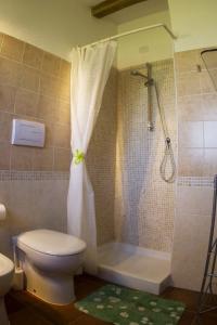 e bagno con servizi igienici e doccia con tenda. di La Casa Del Poeta a Aglientu