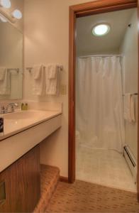 a bathroom with a shower, sink, and mirror at Rhumb Line Resort in Kennebunkport