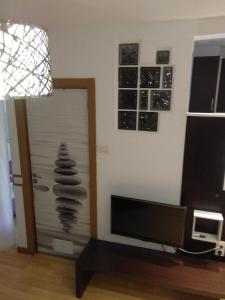uma sala de estar com televisão e uma pilha de pedras em Lalas Ramblas Estudio Santa Cruz Tenerife em Santa Cruz de Tenerife