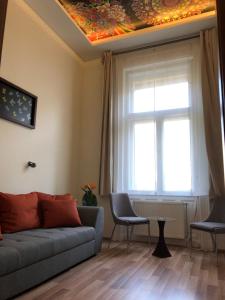 a living room with a couch and a window at Frank & Fang Apartments in Budapest