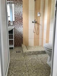 a bathroom with a shower with a toilet and a sink at Babylonia Resort in Costinesti