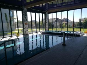 a large swimming pool in a building with windows at Apartament 5Mórz Leo in Sianozety