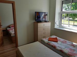 1 dormitorio con 1 cama, vestidor y ventana en Rodante Apartments, en Druskininkai