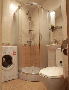 a shower in a bathroom with a toilet and a washing machine at Квартира на проспекте Александра Поля с ромашками (Apartment on the Oleksandra Polia avenue with chamomiles) in Dnipro