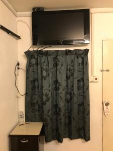 a bathroom with a television and a shower curtain at Rasa Motel in Batu Ferringhi