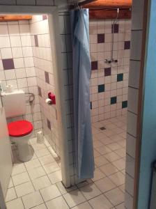 La salle de bains est pourvue d'une douche et de toilettes rouges. dans l'établissement kajakshop-wildalpen, à Wildalpen