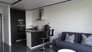 een woonkamer met een bank en een keuken bij Black Line Apartment in Krakau