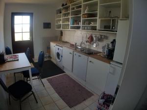 een keuken met een wastafel en een wasmachine bij Ferienwohnung Hof Theensen in Bad Münder am Deister