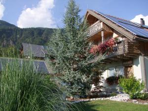 a house with a pine tree in front of it at Apartments Čebelica in Bohinj