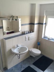 a bathroom with a sink and a toilet at Redewischer Str.23e in Boltenhagen