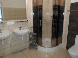 a bathroom with a shower and a sink and a toilet at Dom Salent in Mrągowo +17 photos
