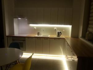 a kitchen with a sink and a counter with lights at apartament in Szklarska Poręba