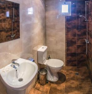 uma casa de banho com um WC, um lavatório e um chuveiro em Hotel West em Blagoevgrad