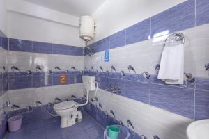 ChitkalにあるZostel Chitkulの青と白のタイルを用いたバスルーム(トイレ付)