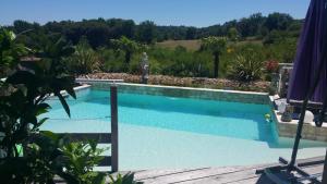 une grande piscine dans une cour avec dans l'établissement Gîte Chez EVA, au Buisson de Cadouin