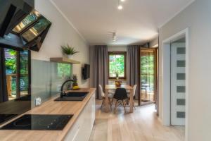 een keuken met een wastafel en een tafel bij Apartamenty Pod Gubałówką in Zakopane